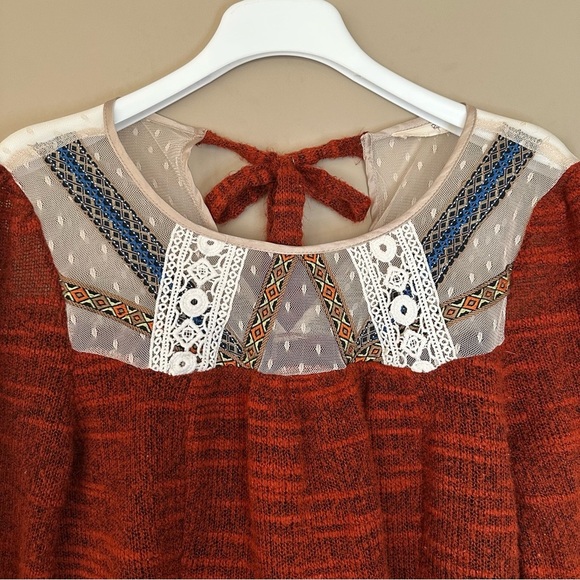 Ryu M/L Boho Sweater Bell Sleeve Cottagecore Hippie Mixed Media Artsy Rust Orang - Picture 12 of 15